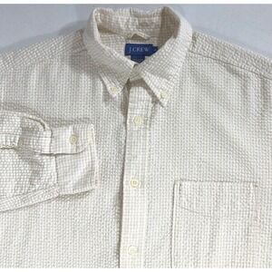 J Crew Seersucker Button Down Shirt Small Tan Gingham Preppy Hamptons Neutral